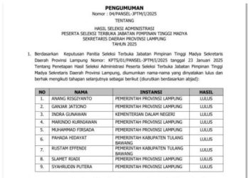 9 Nama Lolos Seleksi Administrasi Jabatan Sekprov Lampung Diumumkan