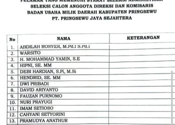 16 Calon Direksi BUMD Lolos Seleksi Administrasi, Pringsewu Masuki Tahapan Sanggah dan UKK