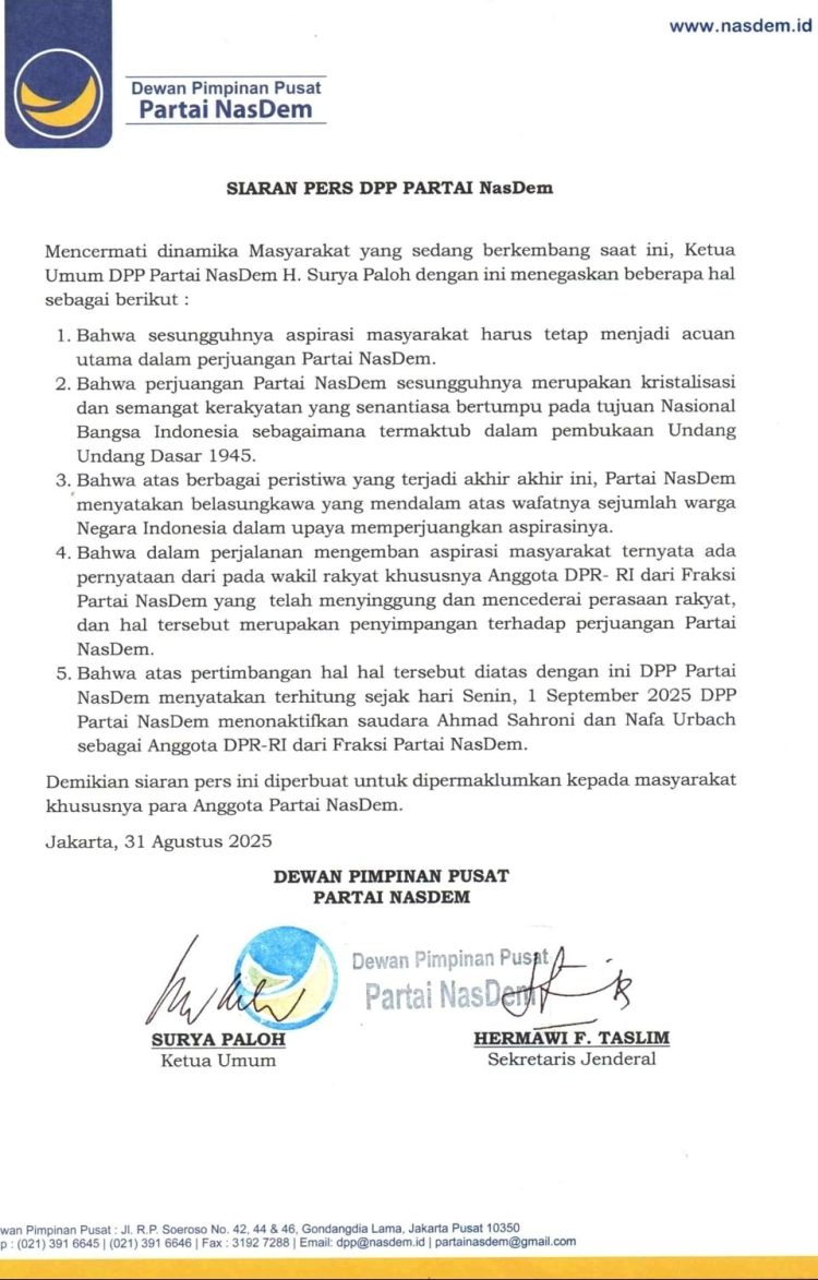 NasDem Pecat Ahmad Sahroni dan Nafa Urbach: Teguran Keras dari Rakyat untuk Elit Politik