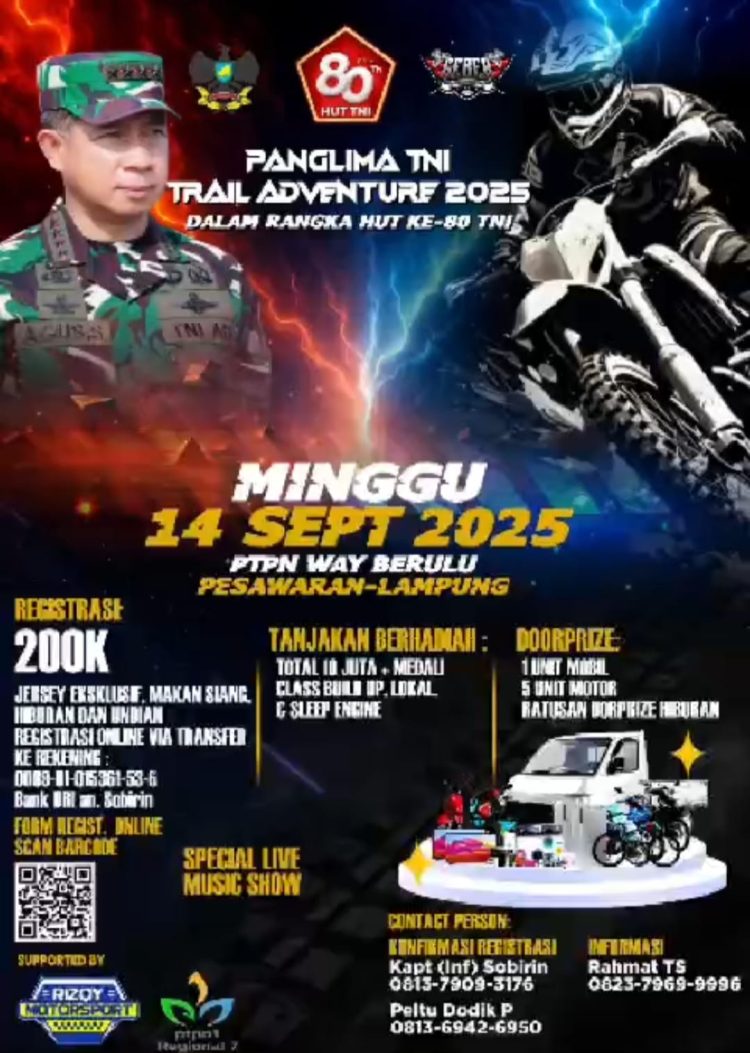 HUT TNI Ke-80, Ribuan Rider Siap Ramaikan Trail Adventure 2025 Pesawaran