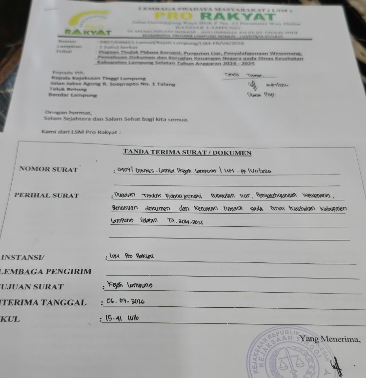 LSM PRO RAKYAT Serahkan Laporan Dugaan Korupsi Dinkes Lamsel, Soroti Pungli hingga Proyek Puskesmas